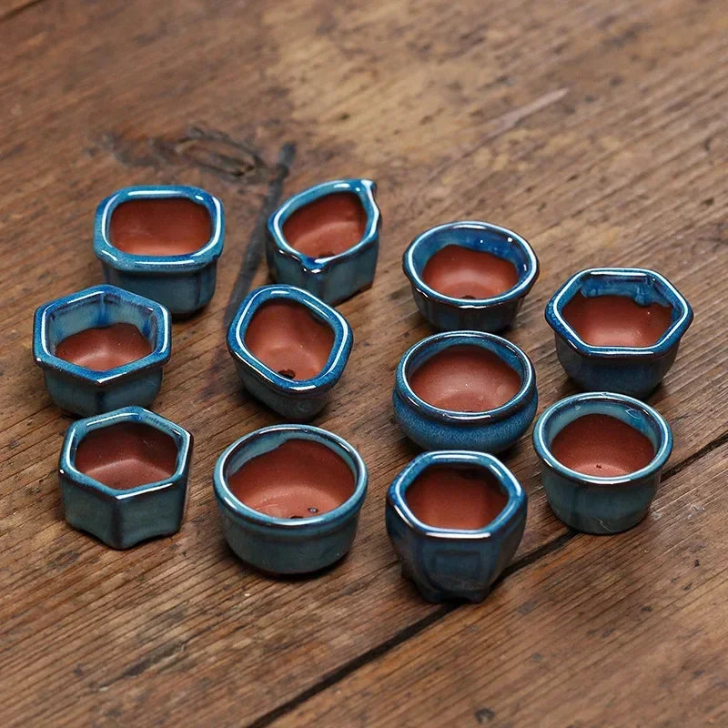 Maceta de pulgar suculenta, planta en maceta de cerámica de arcilla púrpura, mini maceta esmaltada azul interior minimalista linda y creativa