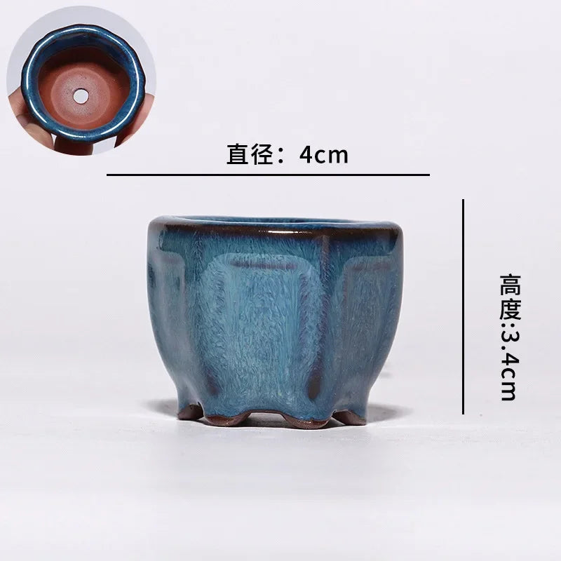 Maceta de pulgar suculenta, planta en maceta de cerámica de arcilla púrpura, mini maceta esmaltada azul interior minimalista linda y creativa